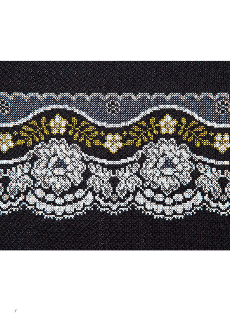 1488-00008 Cross stitch lace borders in white, grey and gold on black, with roses and a scalloped edge