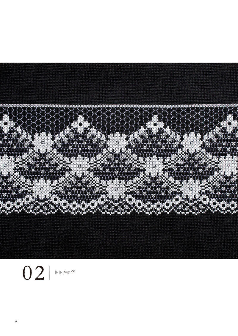 1488-00010 White scalloped lace on black fabric, a diamond lattice border with small flowers in counted cross stitch