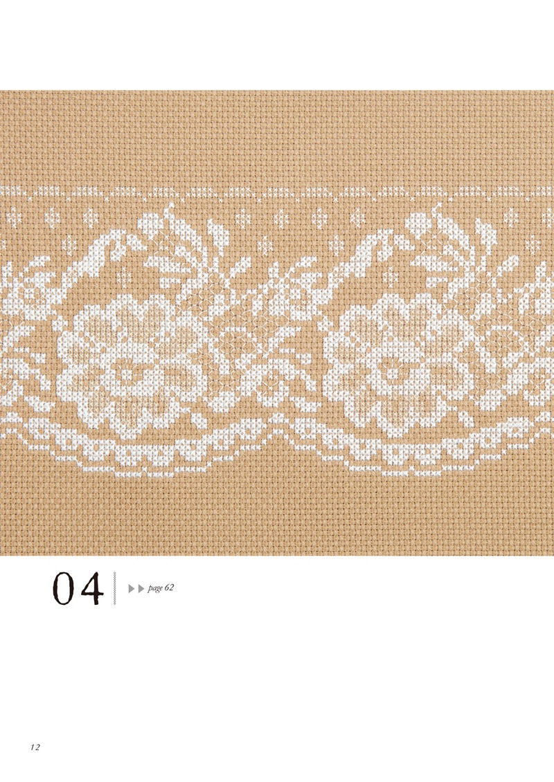 1488-00014 Wide floral lace border with a scalloped hem stitched in white on beige, a cross stitch pattern PDF