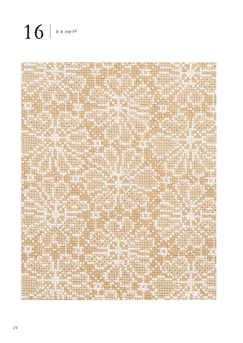 1488-00026 Small repeating flower lace in white on beige, a delicate cross stitch lace motif