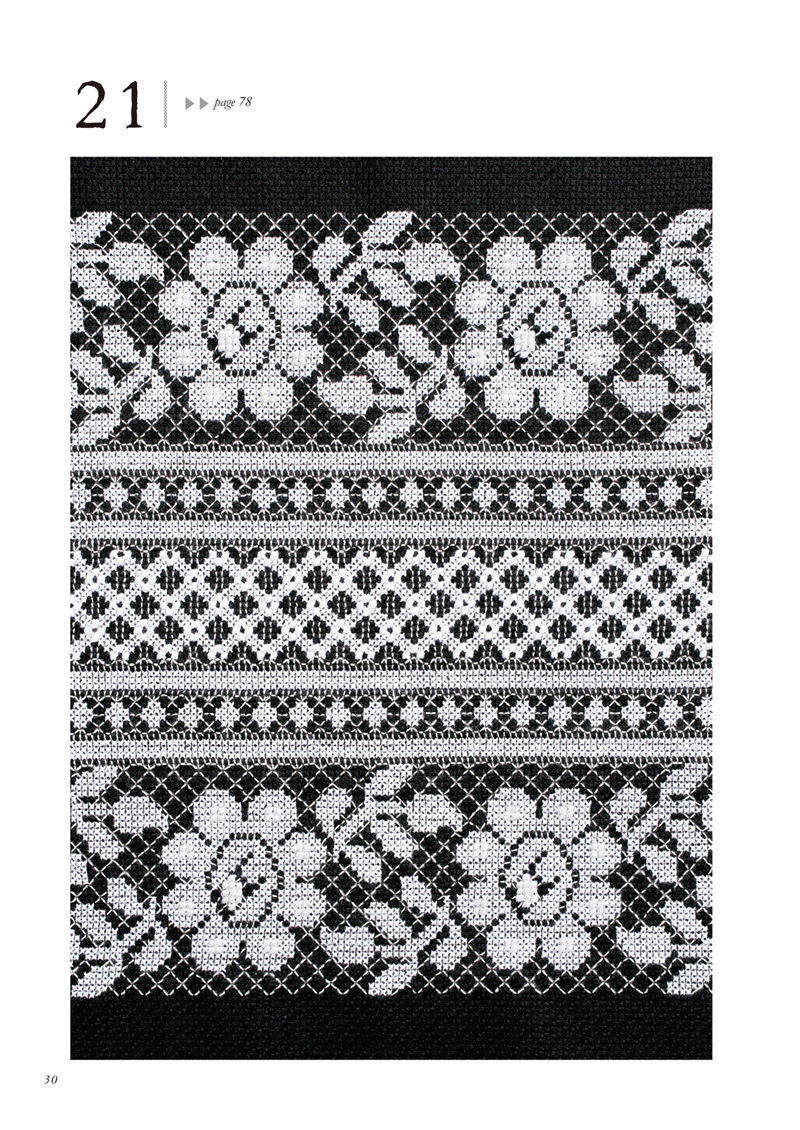 1488-00032 Stacked black and white lace bands with flowers and dotted rows, a cross stitch sampler border