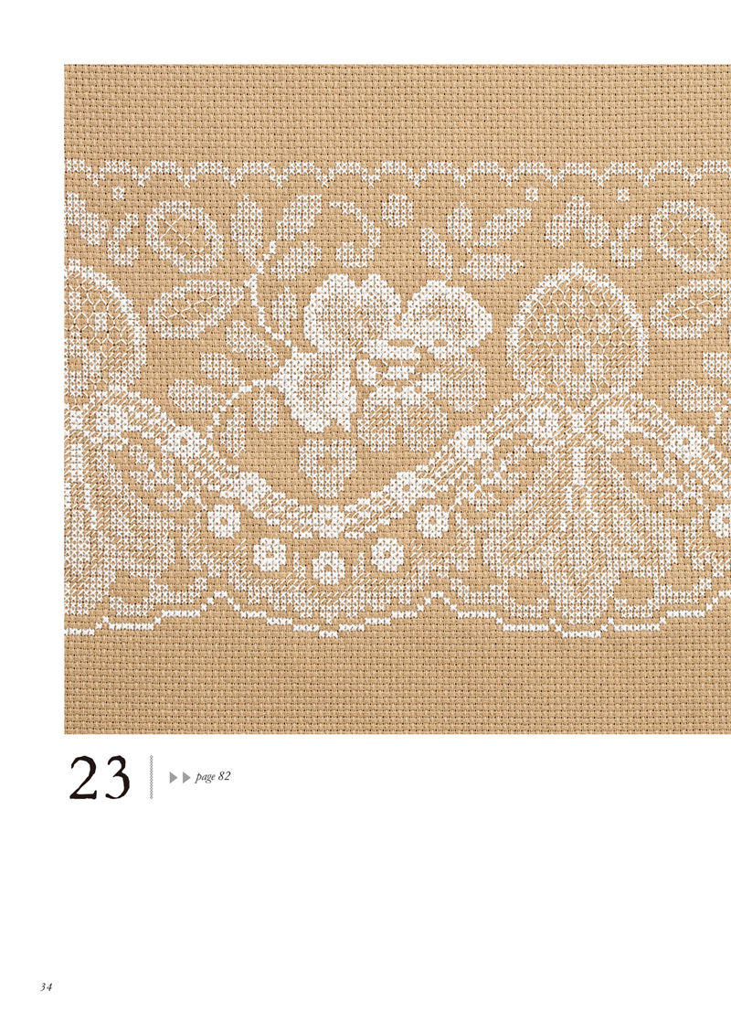 1488-00036 Scalloped floral lace in white on beige, the flower later reused for a cross stitch coin purse