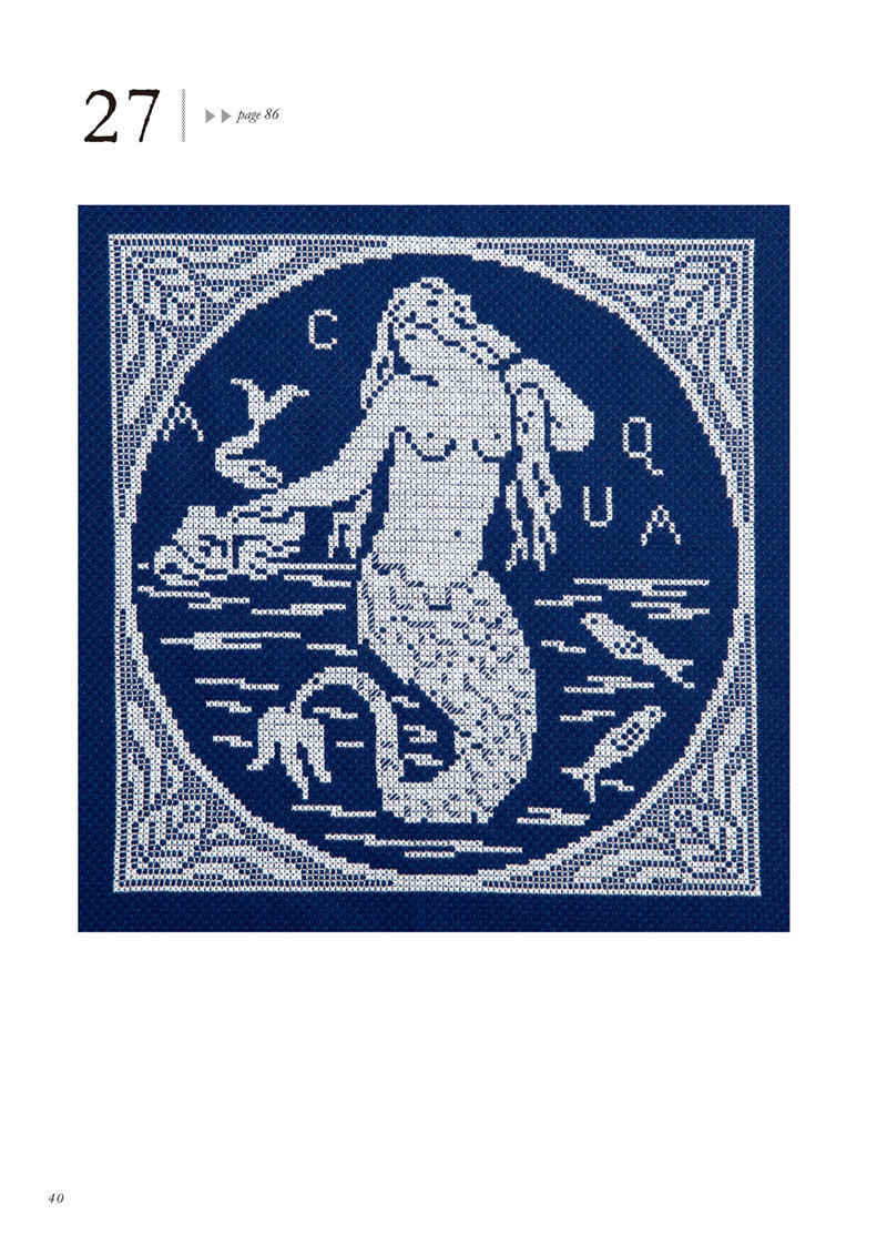 1488-00042 Mermaid cross stitch pattern in a round navy and white frame with fish and decorative lettering
