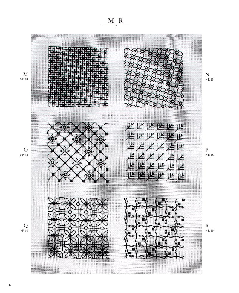 1489-00008 Geometric embroidery patterns for beginners: six more counted thread swatches in black on gray linen