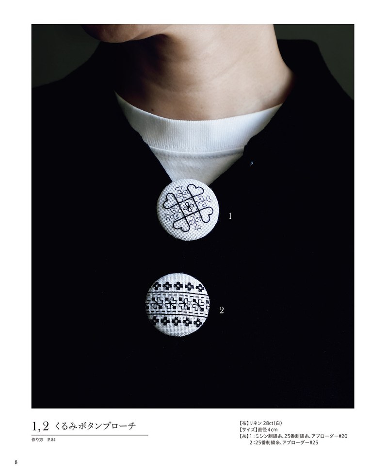 1489-00010 Two small round button brooches embroidered in black geometric patterns, pinned to a black top
