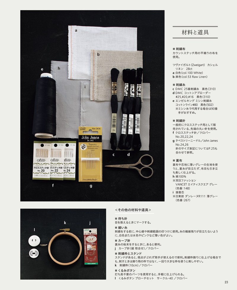 1489-00025 Materials for black thread embroidery: floss, linen, scissors, needles and a wooden hoop