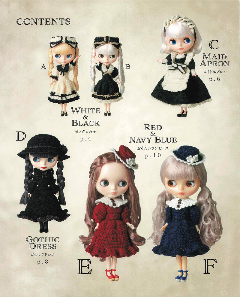 1492-04232026184101_004 Contents page of a Blythe crochet pattern book with white and black twin dresses, a maid apron and a gothic dress