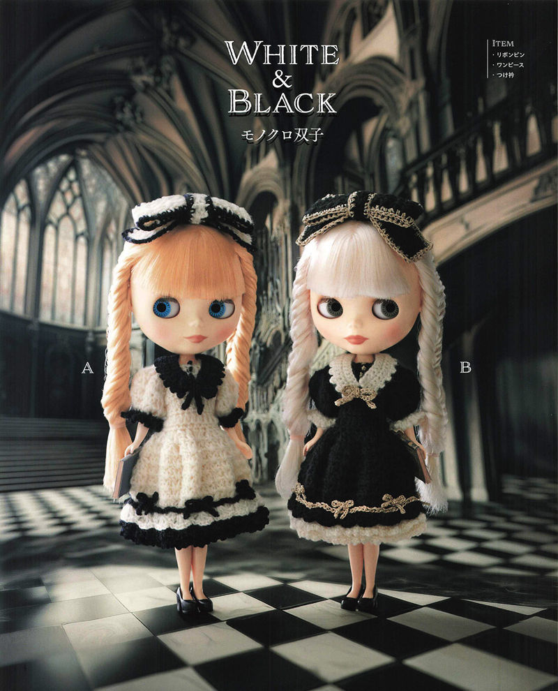1492-04232026184101_006 Twin white and black crochet dresses with bow hairpins and collars, a Blythe twin dress pattern in a checkered hall