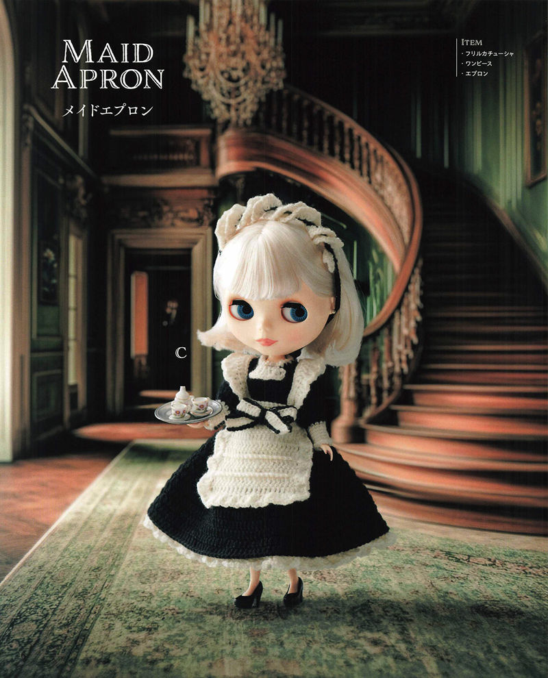 1492-04232026184101_008 Crochet maid costume pattern for a Blythe doll: black dress, white frilled apron and ruffled headband on a grand staircase