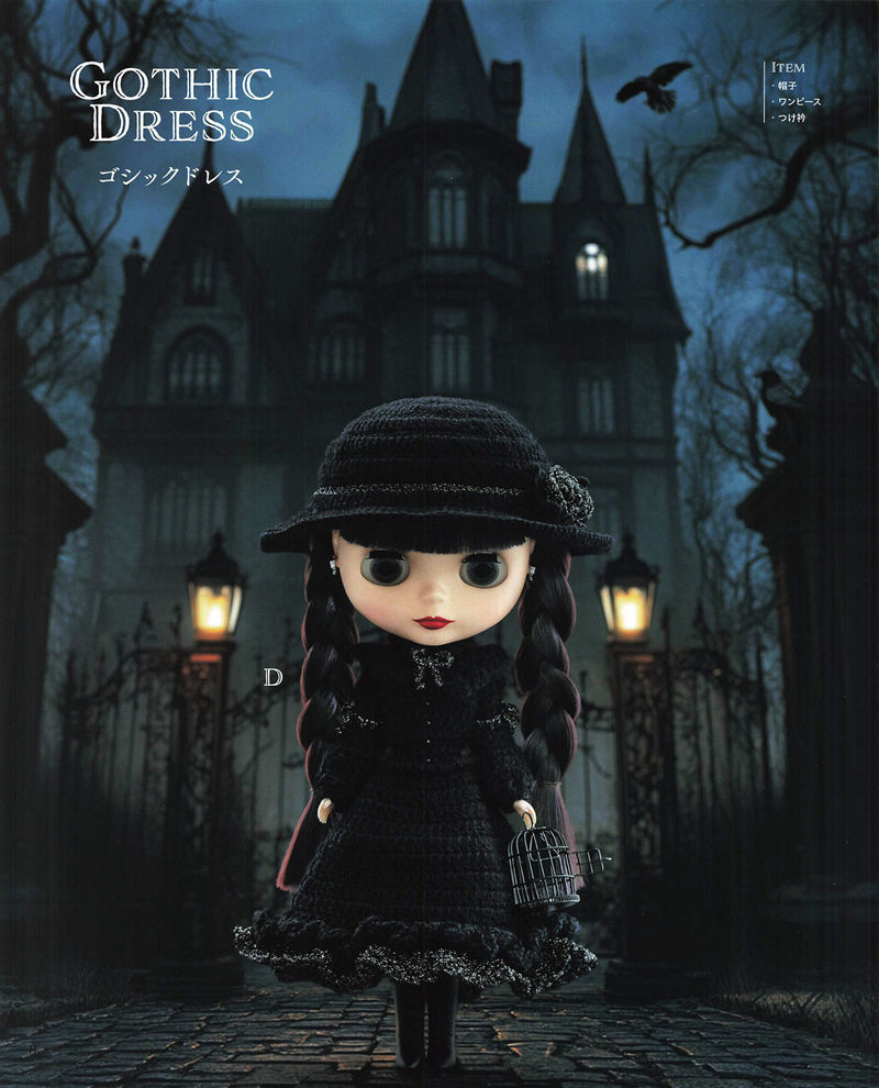 1492-04232026184101_010 Black crochet hat and dress for a Blythe doll, a gothic lolita doll outfit pattern shown outside a dark manor