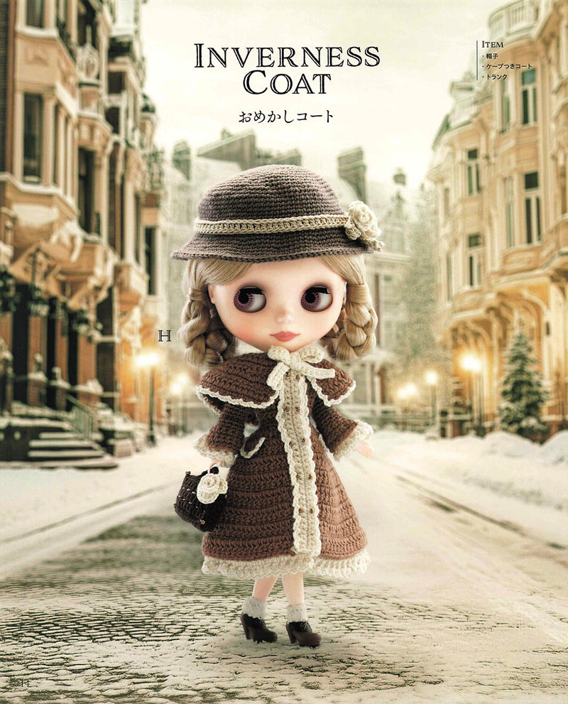 1492-04232026184101_016 Brown crochet cape coat with cream trim, brimmed hat and mini trunk bag, a winter doll coat pattern for Blythe