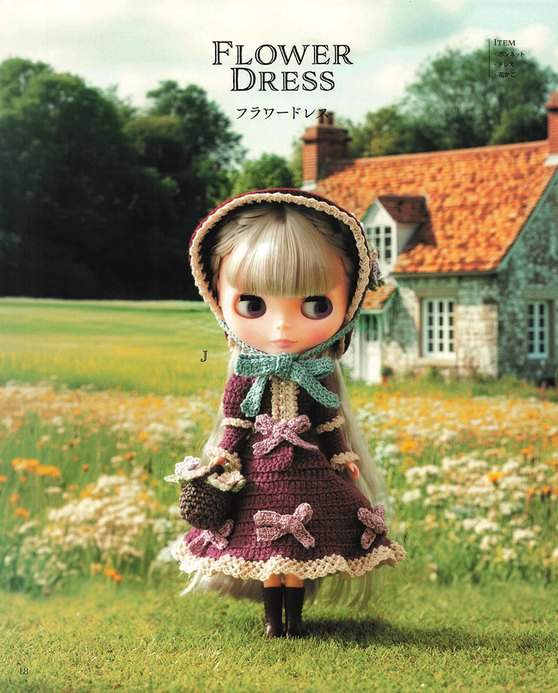 1492-04232026184101_020 Plum crochet dress with pink bows, a cream-edged bonnet and flower basket, a crochet bonnet pattern for dolls