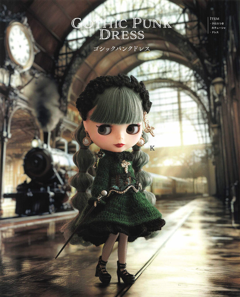 1492-04232026184101_022 Dark green crochet dress with a black ruffled hem and cross headband, a steampunk-style doll dress pattern for Blythe