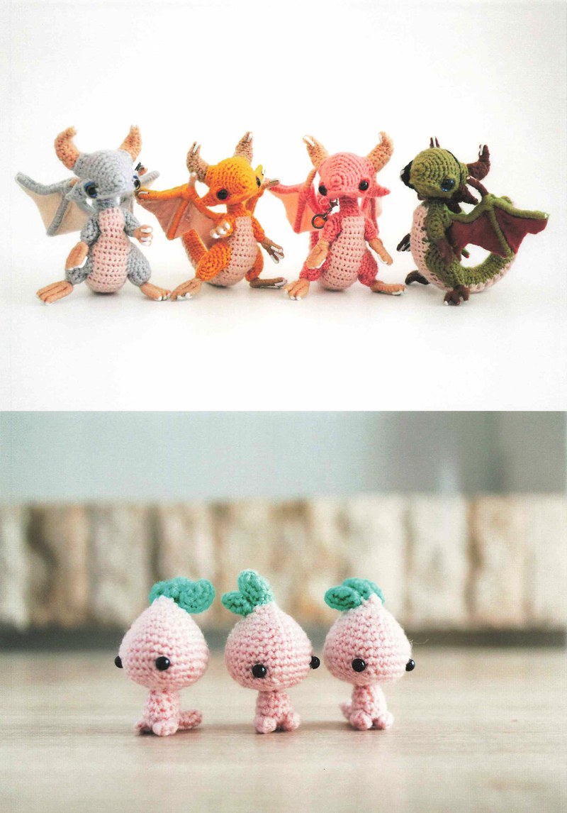 1495-04232026184535_009 Four small crochet dragons above a trio of pink sprout creatures, cute fantasy amigurumi