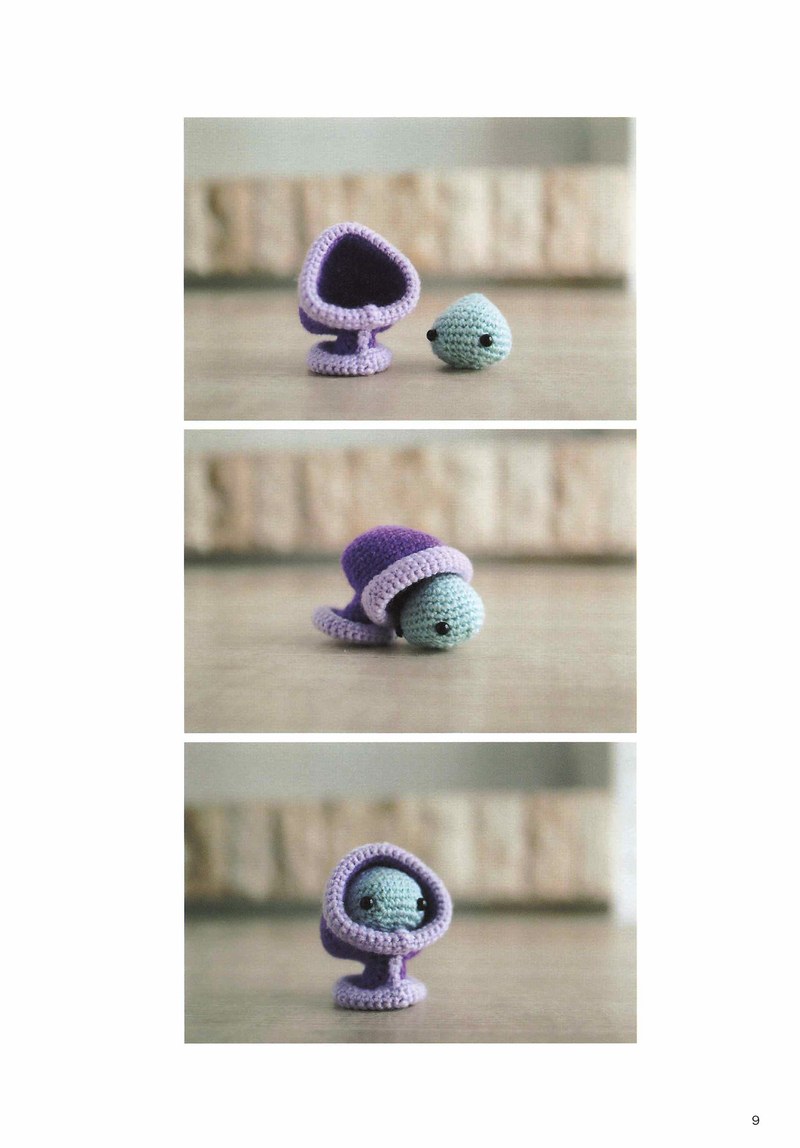 1495-04232026184535_012 Purple hooded crochet ghost creatures with blue faces, small amigurumi ghosts photographed three ways