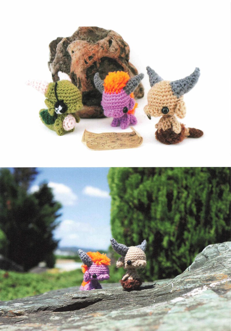 1495-04232026184535_019 Mini crochet monsters on driftwood with a green creature and a horned friend