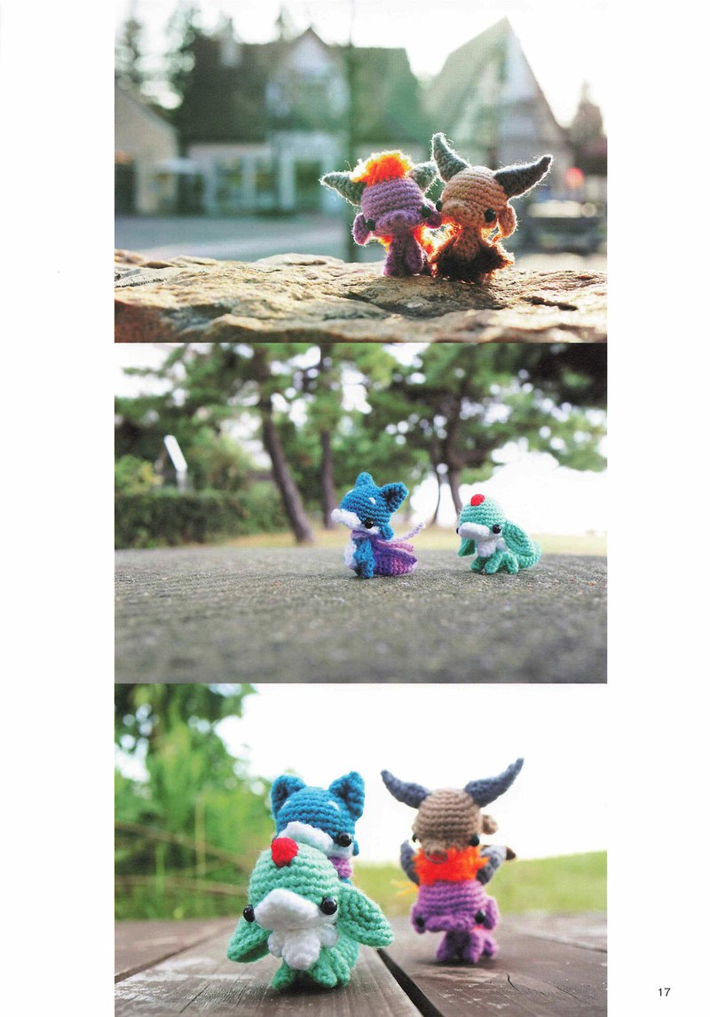 1495-04232026184535_020 Tiny horned crochet monsters on a park rock and bench, outdoor photo ideas for amigurumi