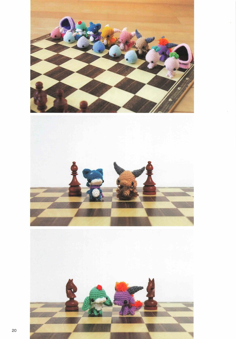 1495-04232026184535_023 Chessboard scenes with crochet monsters among wooden chess pieces, a playful display idea