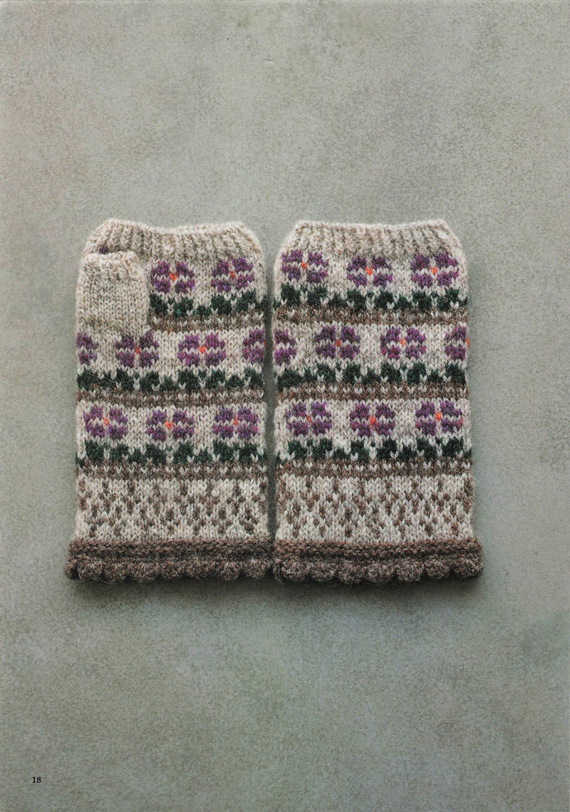 1496-20260309135601_019 Purple pansy Fair Isle knit mitts with deep green leaves on a soft taupe ground and a scalloped cuff