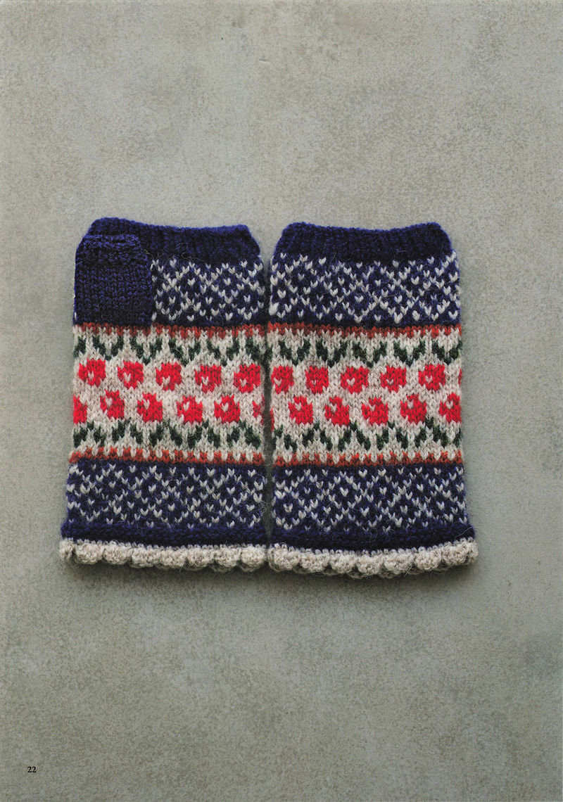 1496-20260309135601_023 Knitted navy floral gloves with red roses between snowflake-dot bands and a cream scalloped cuff