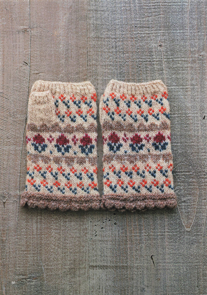 1496-20260309135601_051 Oatmeal knitted mitts with navy and orange tulip bands and a mauve scalloped hem