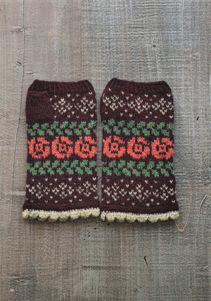 1496-20260309135601_055 Burgundy knit gloves with orange spiral roses, green leaf bands and tiny white heart dots
