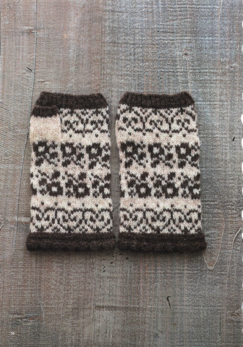 1496-20260309135601_057 Brown and white knitted fingerless mitts with bold flower blocks in a classic two-color Fair Isle pattern