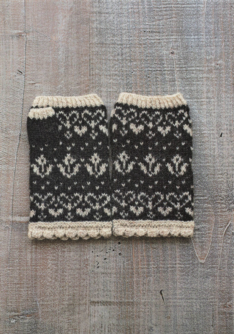 1496-20260309135601_061 Charcoal and cream knitting pattern gloves with heart and tulip motifs in a symmetrical two-color design