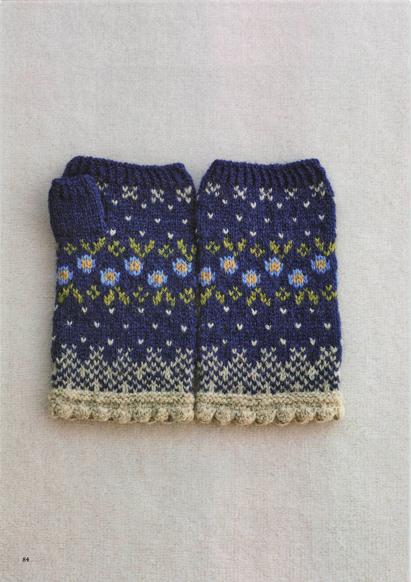 1496-20260309135601_085 Navy knitted gloves with blue daisies, yellow centers and a snow-dot band fading to cream