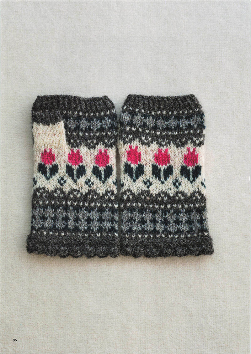1496-20260309135601_087 Pink tulip knit fingerless gloves on charcoal with cream and a houndstooth-style band