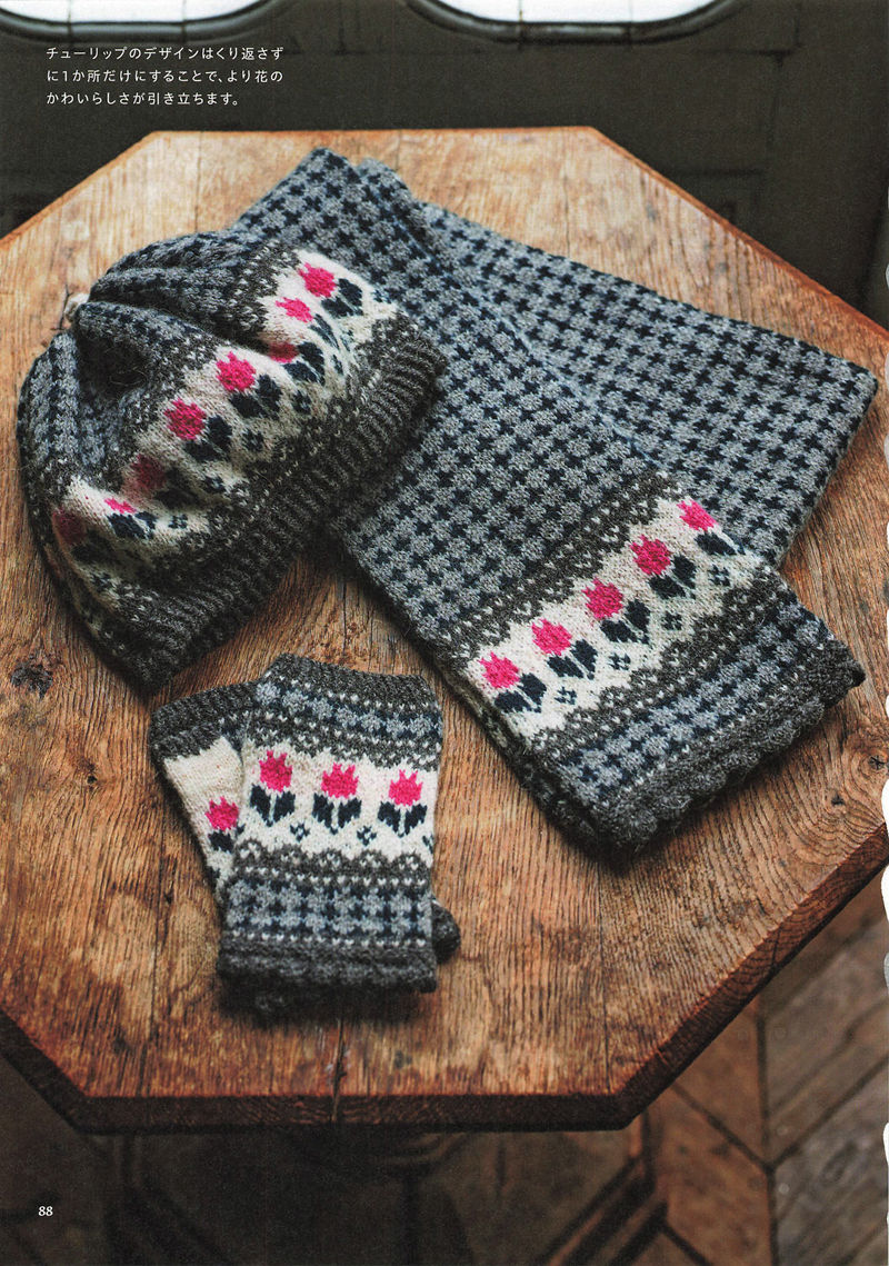 1496-20260309135601_089 Pink tulip knitted hat, houndstooth scarf and fingerless gloves styled together on a wooden table