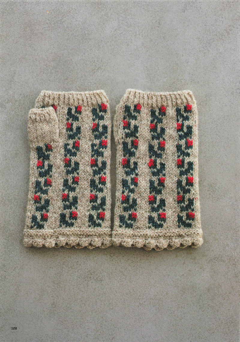 1496-20260309135601_109 Vertical vine stripes with tiny red flowers on oatmeal knitted gloves, an all-over colorwork design