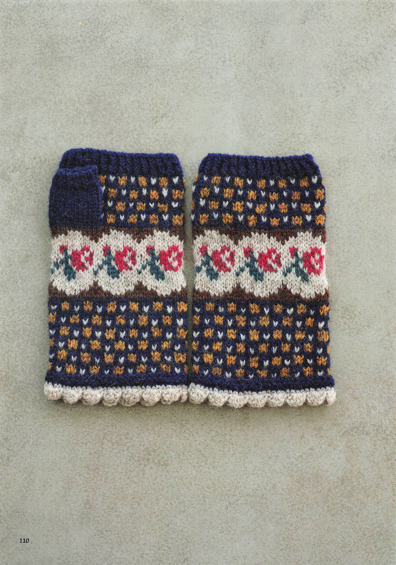 1496-20260309135601_111 Navy knit fingerless gloves with a cream rose band and orange tulip bands, the cover design of this book
