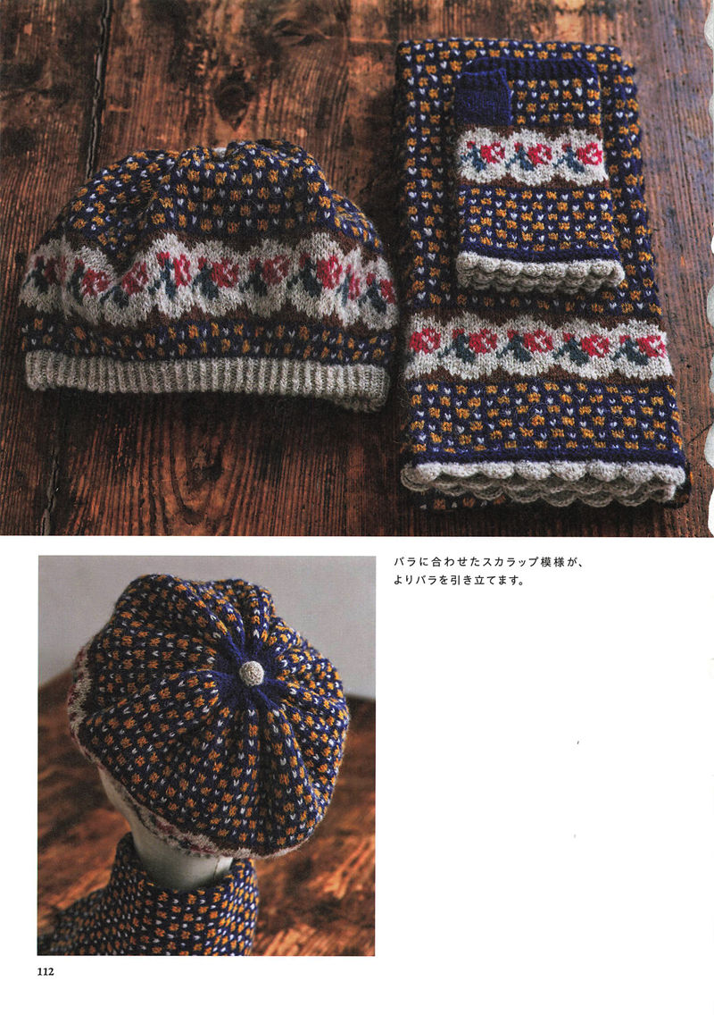 1496-20260309135601_113 Navy rose-banded knitted beret and fingerless gloves on a wooden table, with a close-up of the button top