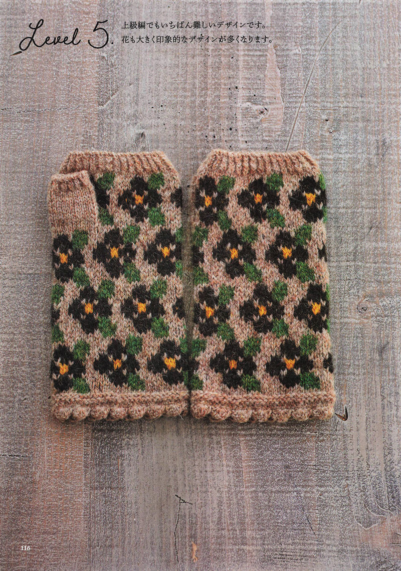 1496-20260309135601_117 Level 5 advanced knit Fair Isle gloves with large black and green pansy blocks on a camel ground