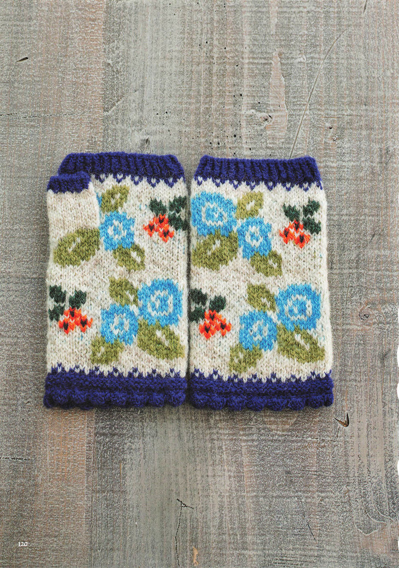 1496-20260309135601_121 Blue roses with green leaves and orange buds on cream knitted gloves, a painterly floral colorwork design