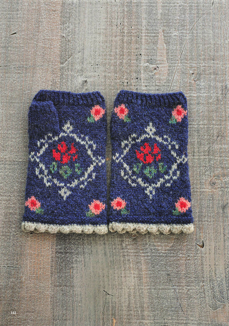 1496-20260309135601_123 Red rose medallion on navy knit fingerless gloves framed by a cream diamond lattice and corner rosebuds