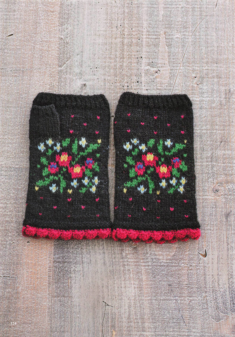 1496-20260309135601_125 Black knitted fingerless gloves with a bouquet of pink, purple and green flowers and a bright pink cuff