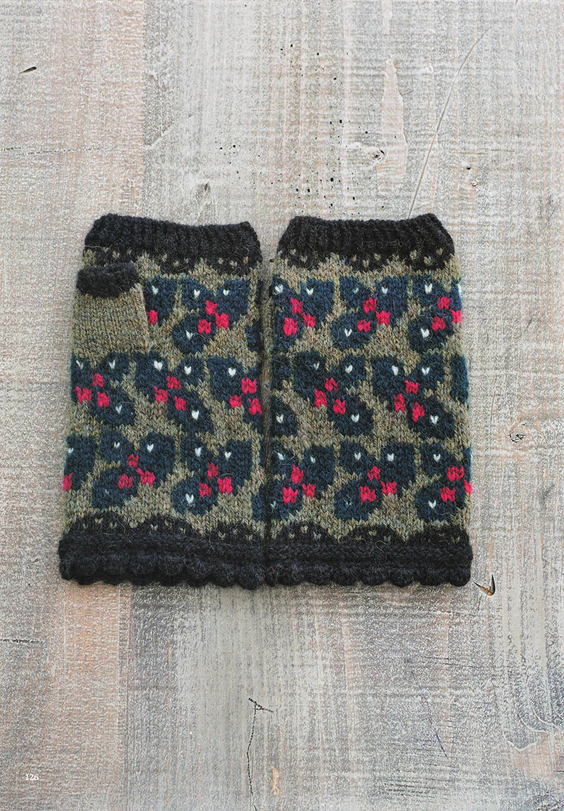 1496-20260309135601_127 Olive and black knit fingerless mitts with navy pansies, red berries and a lacy black scalloped edge