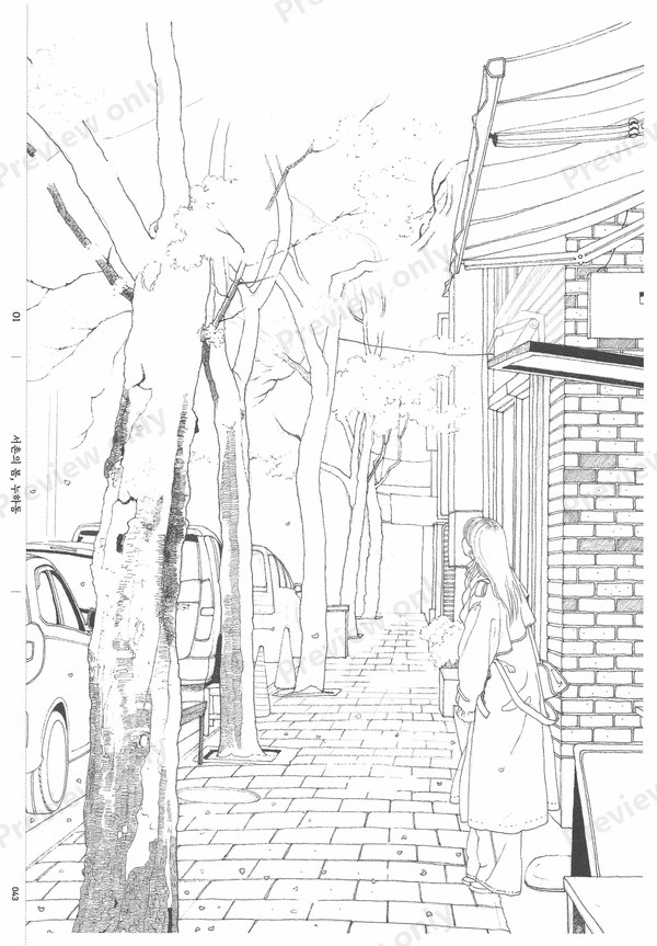 1499-07032026164733_037 Cobblestone lane with a bare tree and a woman by the wall, a city walk coloring page to shade