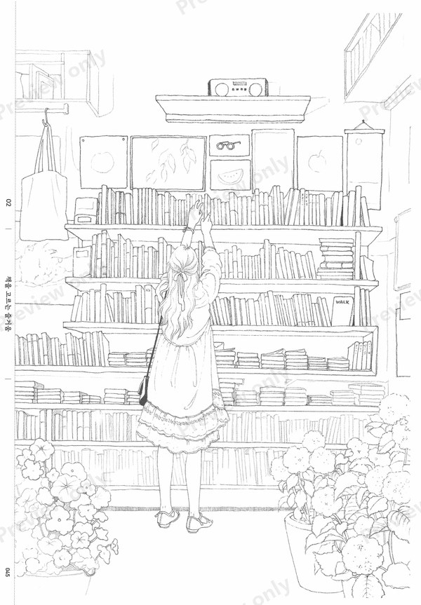1499-07032026164733_038 Woman browsing tall bookshop shelves in a quiet corner, a cozy bookstore coloring scene