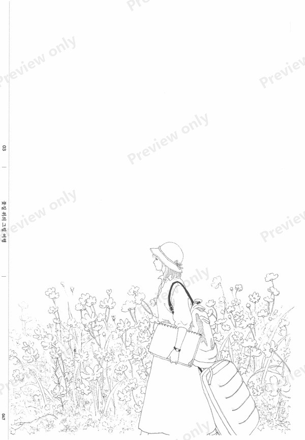 1499-07032026164733_039 Woman with a shoulder bag among wildflowers, a soft garden coloring page for pencils