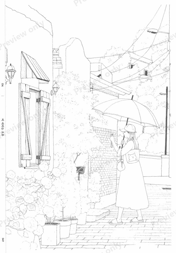 1499-07032026164733_040 Woman with an umbrella in a narrow lane with shuttered doorways, a rainy day street scene