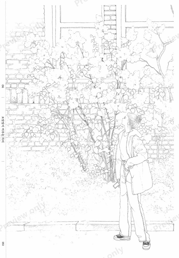 1499-07032026164733_042 Blooming tree and a woman waiting by an old wall, a spring street coloring page