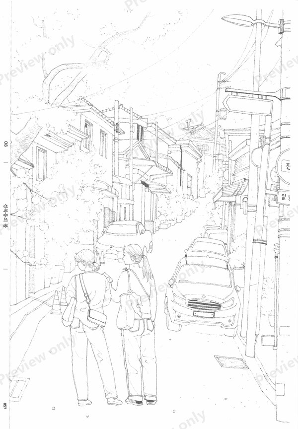 1499-07032026164733_044 Sloping alley with a parked car and a couple walking, a Korean neighborhood coloring page