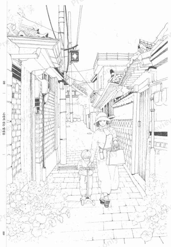 1499-07032026164733_045 Narrow alley with a woman and child among planters, a cozy village coloring scene