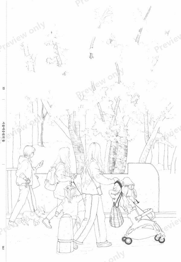 1499-07032026164733_046 Delicate tree and stroller scene on a quiet street, a light line page for soft shading