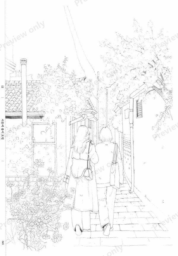 1499-07032026164733_048 Blossom tree arching over a brick wall with a woman nearby, a cherry blossom coloring page