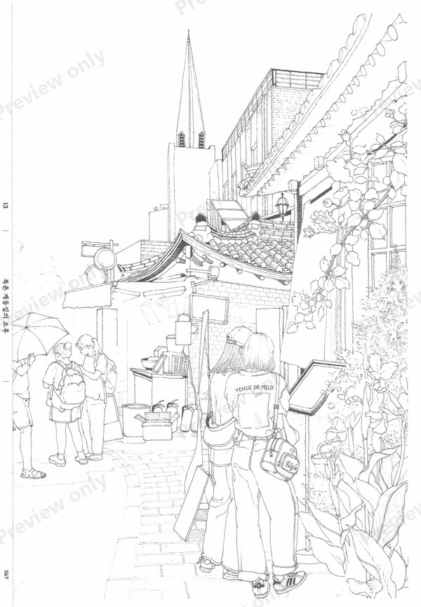 1499-07032026164733_049 Church spire over a lively street market with shoppers, a detailed city coloring page