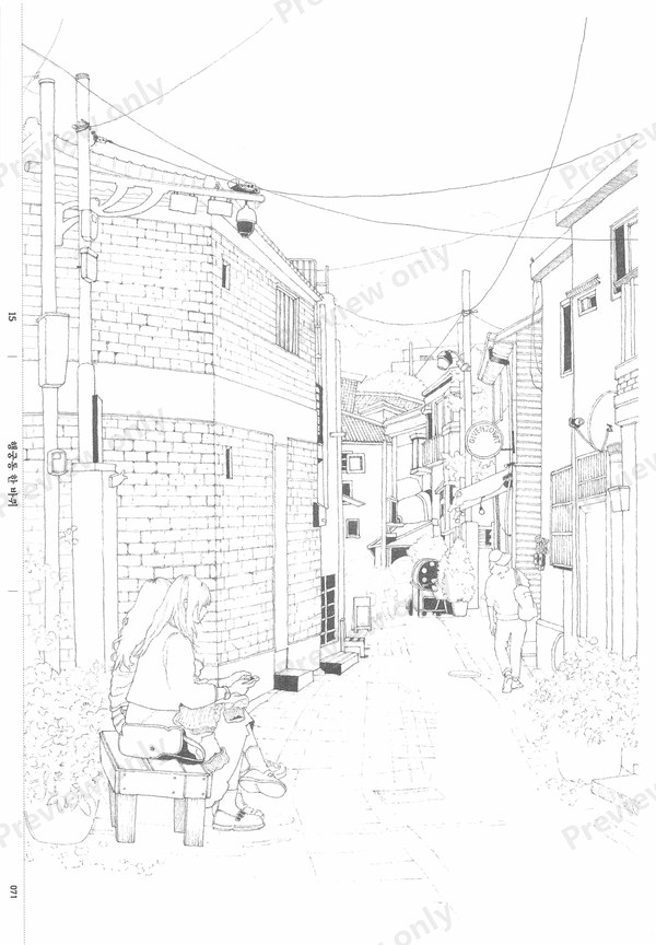 1499-07032026164733_051 Long alley with overhead wires and a distant figure, a perspective coloring page for pencils